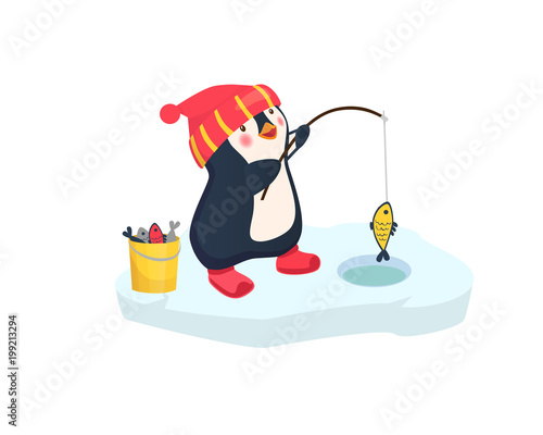 penguin fisherman caught fish