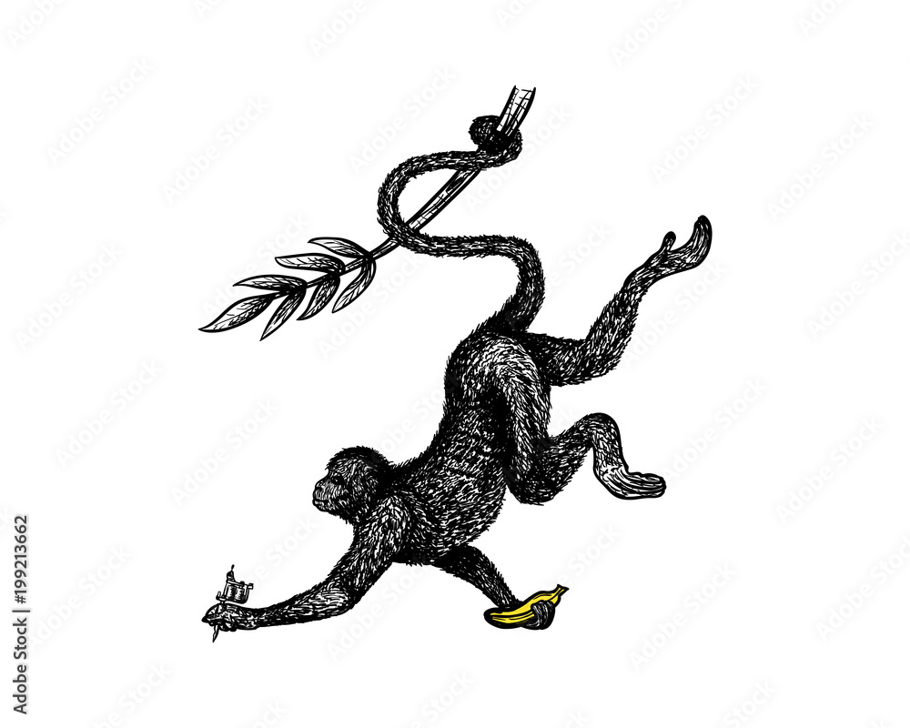 Obraz premium Monkey Swinging with Banana and Tatto Tool on the hand Hans Drawing Symbol Vector