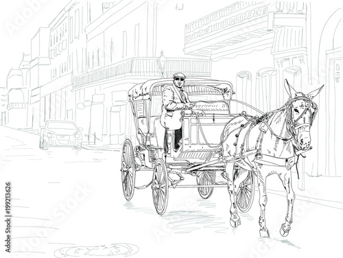 Black and white sketch of a horse drawn carriage on Bourbon Street in New Orleans