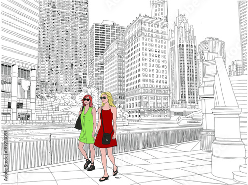 Vector illustration. Young, stylish women shopping in a city.