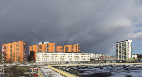 Flemingsbergs centrum i södra Stockholm med bostäder, komunhus och centrum med butiker photo