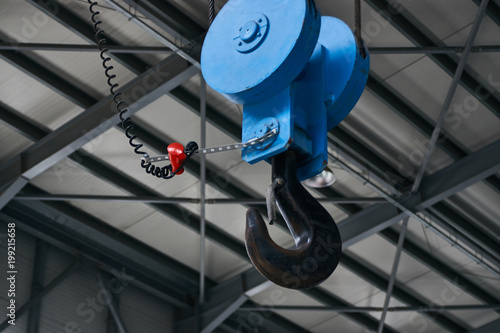 Crane hook for overhead crane in factory, close-up