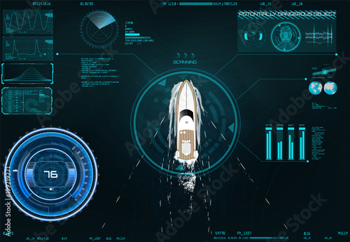 Spyware app for tracking in HUD style. Positioning in the world. Application by surveillance on the map in HUD style design. App navigation. CIA surveillance. Search by satellite. Technology Elements