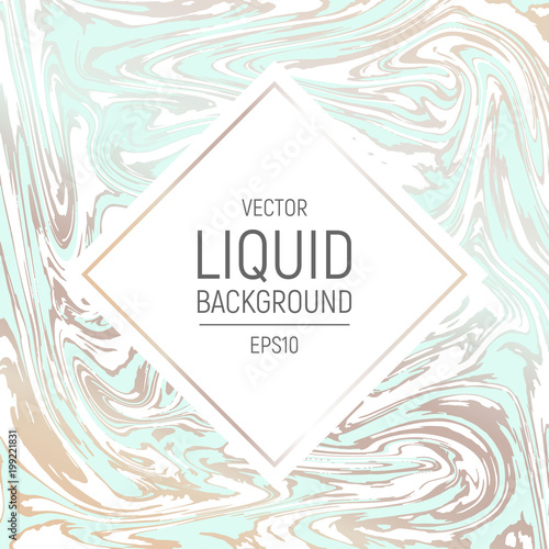 Abstract background, vector marble texture imitation. Marbleized pattern vector. Wedding invitation template with liquid ink background. White mint blue and gold marble texture effect.