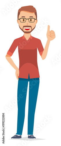 A bearded man wearing eyeglasses is showing thumbs up
