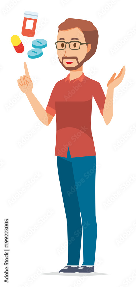 A bearded man wearing eyeglasses is explains about medicine A bearded man wearing eyeglasses is explains about medicine