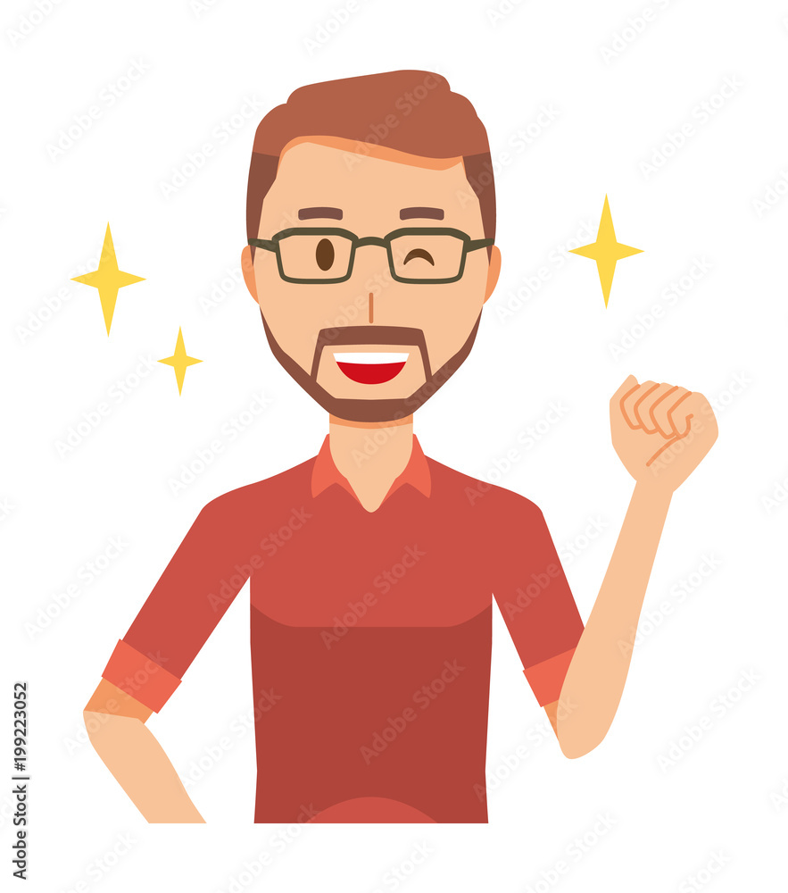 A bearded man wearing eyeglasses is winking and raised one hand A bearded man wearing eyeglasses is winking and raised one hand