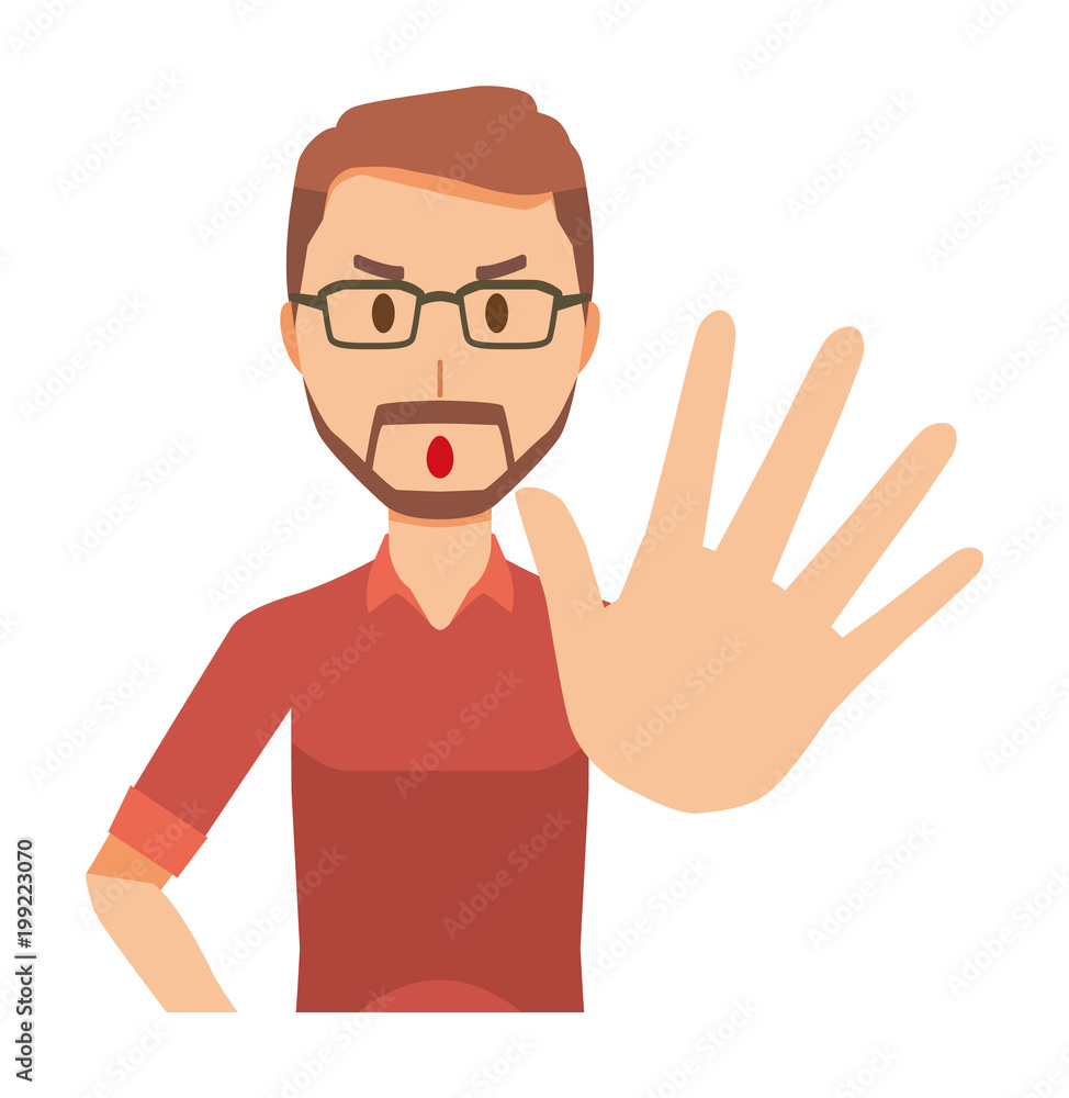 A bearded man wearing eyeglasses is stop gesture A bearded man wearing eyeglasses is stop gesture