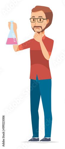 A bearded man wearing eyeglasses has an erlenmeyer flask