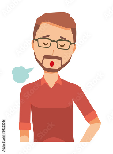 A bearded man wearing eyeglasses is sighing