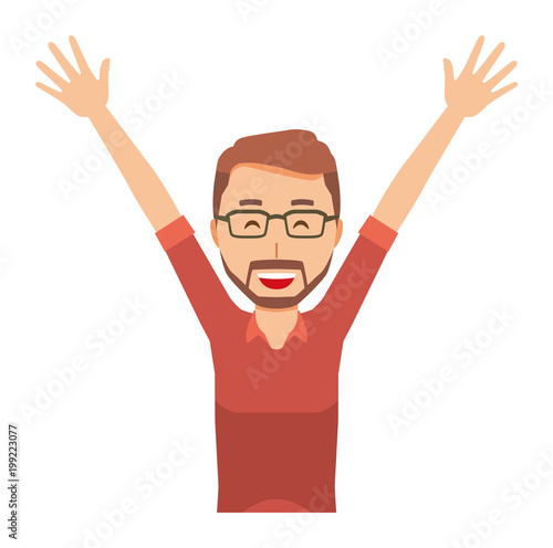 A bearded man wearing eyeglasses is putting up both hands