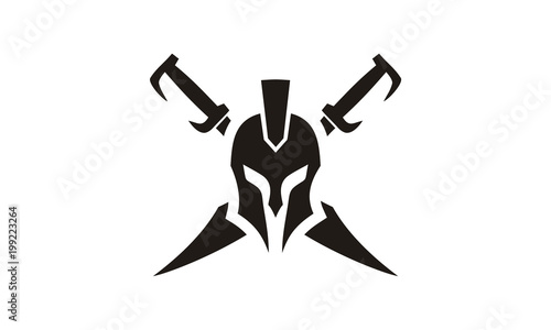 Ancient Warrior Sparta Spartan Helmet Mask Swords Silhouette logo design for battle game club