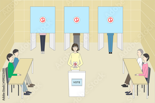 Concept of election. People vote at polling booths.