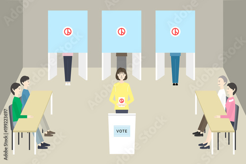 Concept of election. People vote at polling booths.