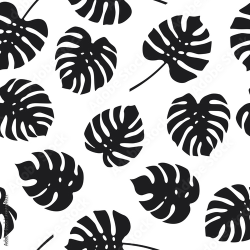 Seamless pattern of monstera leaves on white background