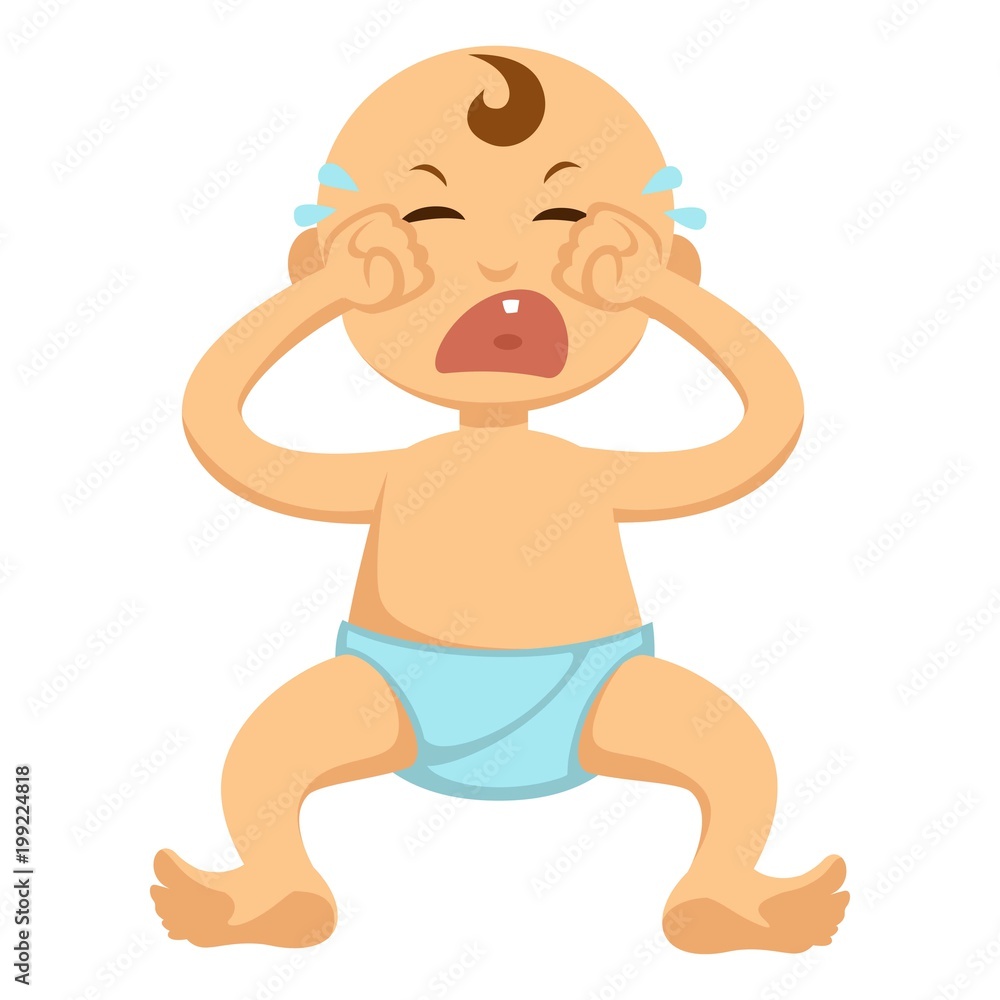 Baby toddler in diaper crying or weeping vector flat isolated character icon Baby toddler in diaper crying or weeping vector flat isolated character icon