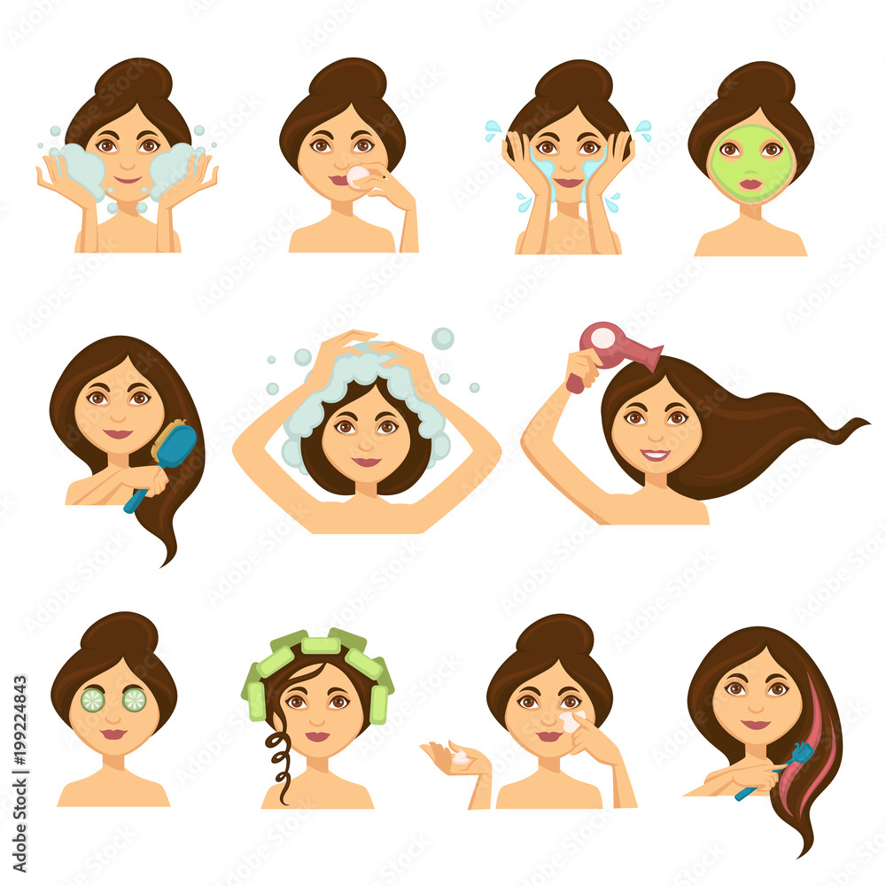 Woman skincare procedures and hair washing vector woman face icons Woman skincare procedures and hair washing vector woman face icons