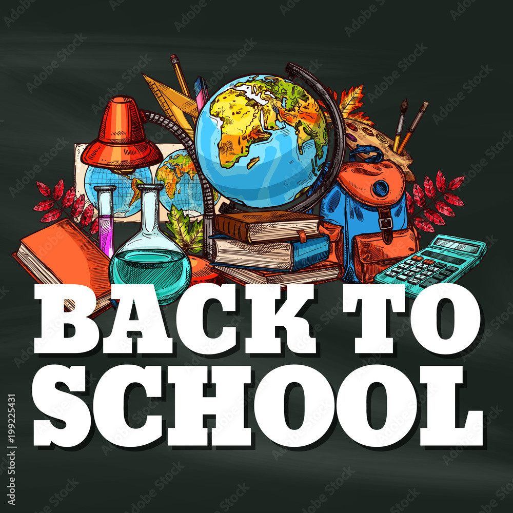 Back to School vector stationery sketch poster Back to School vector stationery sketch poster