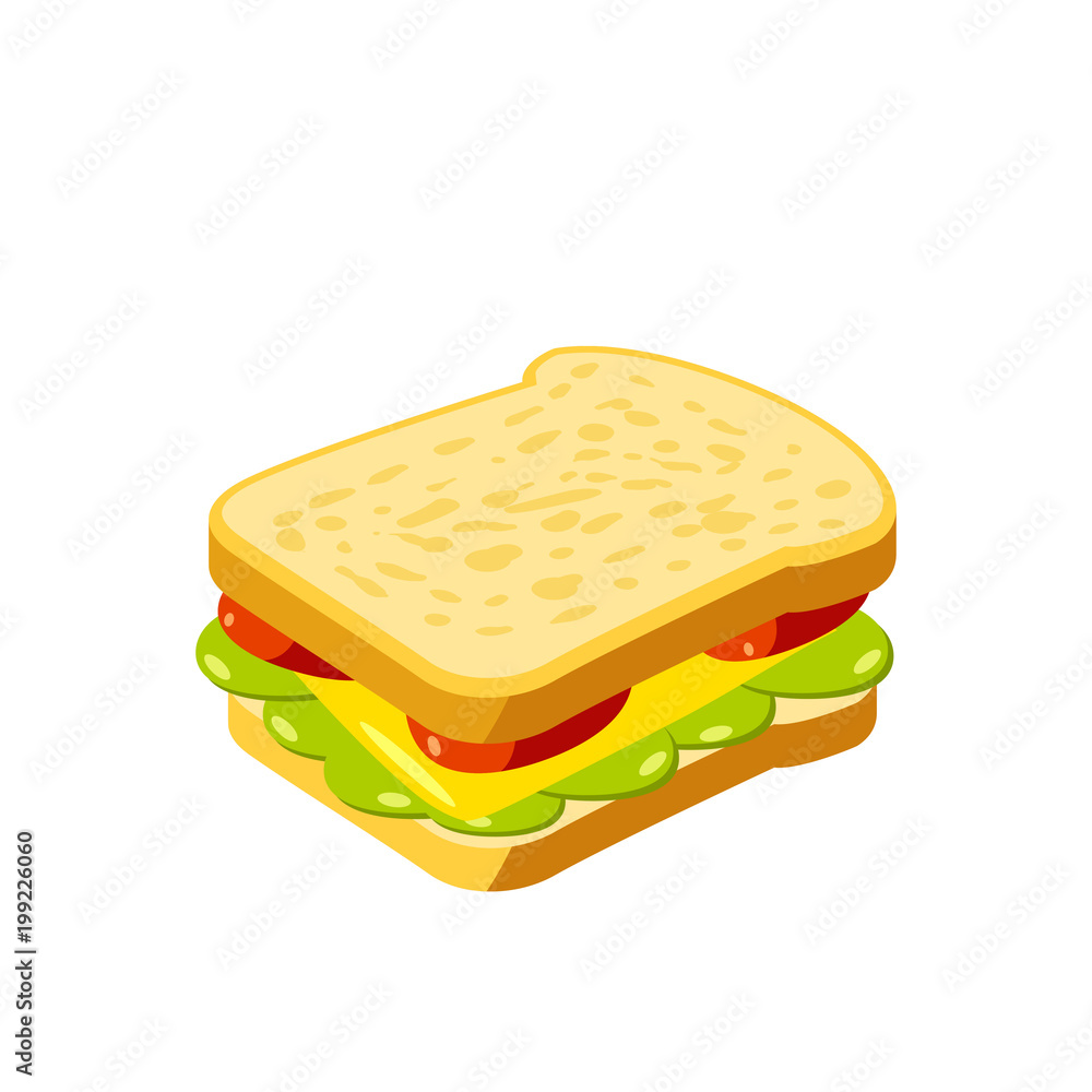 Breakfast, delicious start to the day. Simple sandwich with cheese and  vegetables. Vector illustration cartoon flat icon isolated on white. Stock  Vector | Adobe Stock
