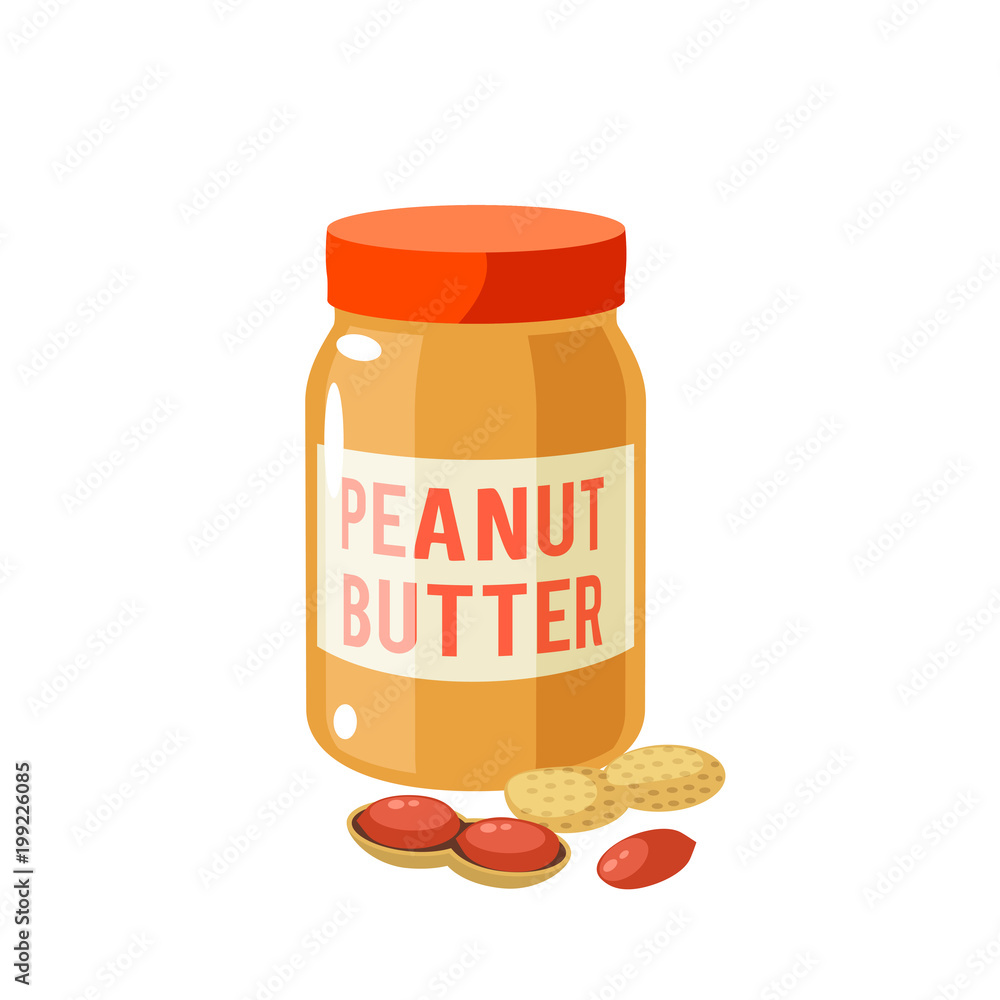 Breakfast, delicious start to the day. Jar of peanut butter and peanuts. Vector illustration cartoon flat icon isolated on white. Breakfast, delicious start to the day. Jar of peanut butter and peanuts. Vector illustration cartoon flat icon isolated on white.