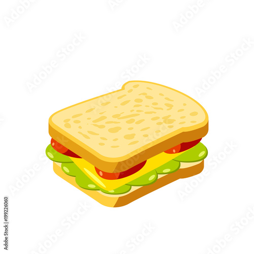 Breakfast, delicious start to the day. Simple sandwich with cheese and vegetables. Vector illustration cartoon flat icon isolated on white.