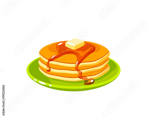 Breakfast, delicious start to the day. Plate with pile of best in town pancakes with butter and maple syrup. Vector illustration cartoon flat icon isolated on white.