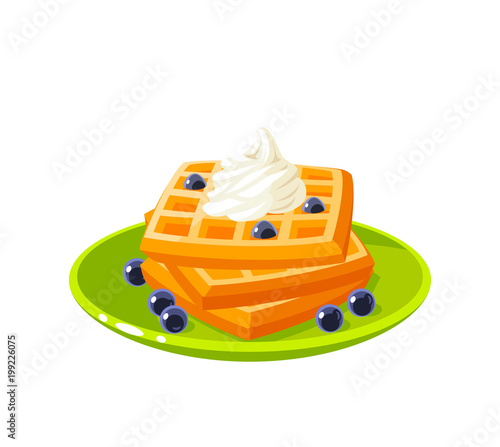 Breakfast, delicious start to the day. Plate with pile of best in town waffles topped with whipped cream and berries. Vector illustration cartoon flat icon isolated on white.