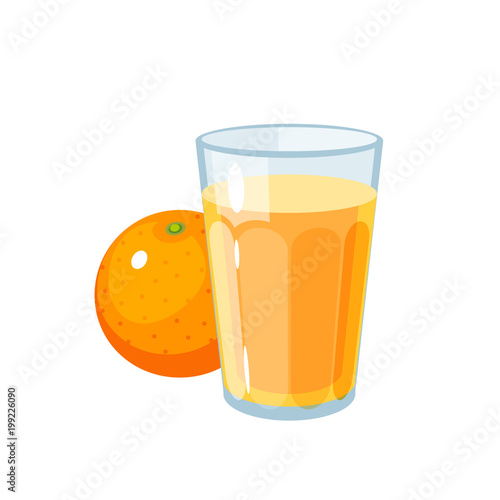 Breakfast, delicious start to the day. Glass of fresh juice and orange fruit. Vector illustration cartoon flat icon isolated on white.