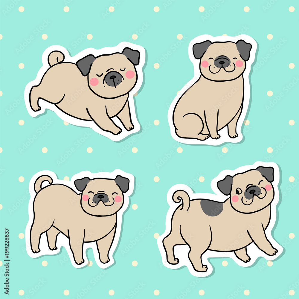 Hand draw vector collection sticker of pug dog on green pastel color Doodle  cartoon style Stock Vector | Adobe Stock