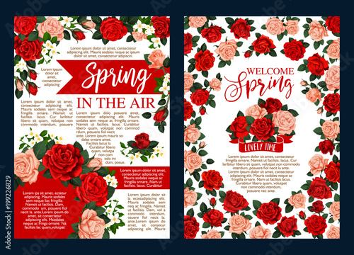 Spring holiday banner with flower frame and ribbon