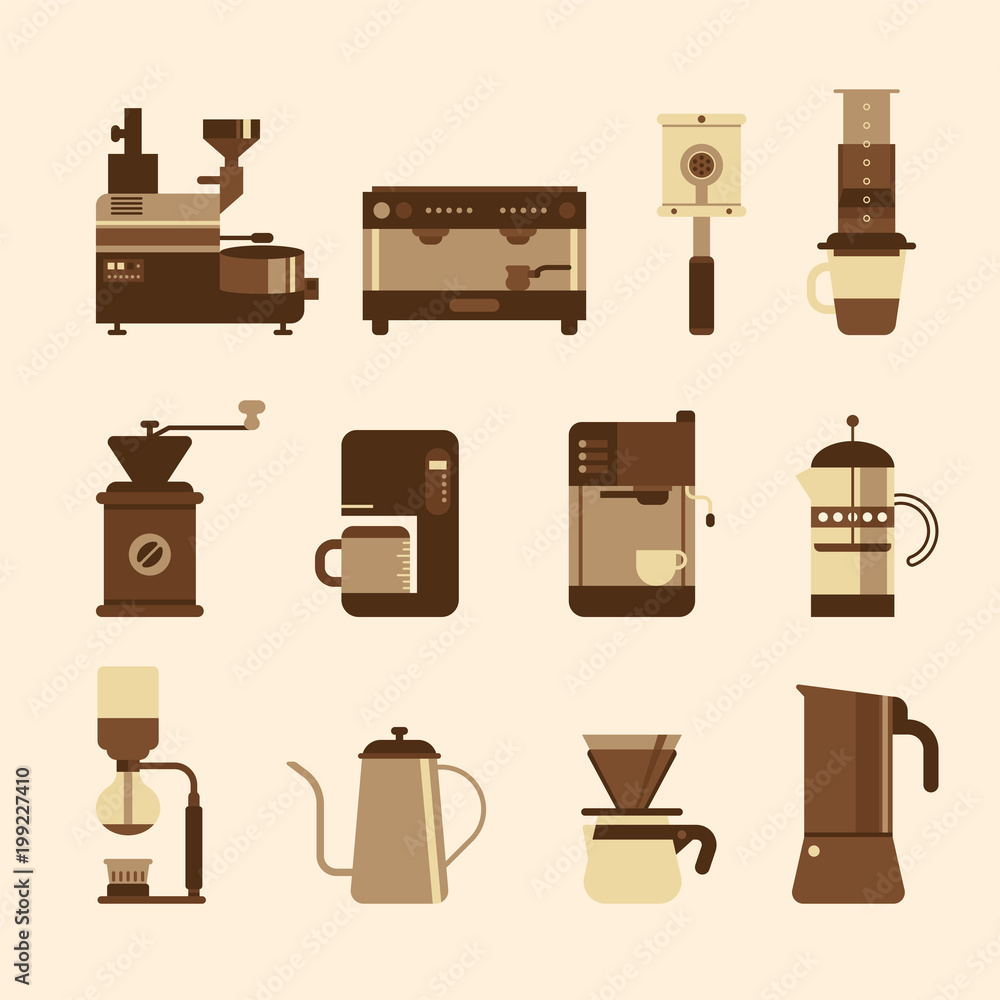 coffee making tools object icon vector flat design illustration set coffee making tools object icon vector flat design illustration set