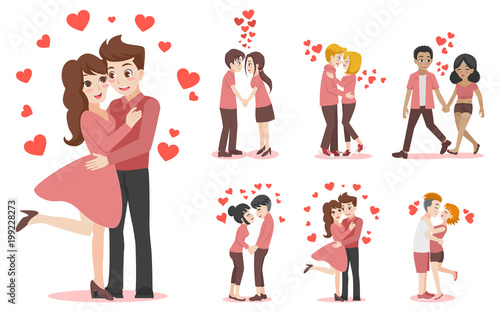 Set of characters cartoon cute couple of lover for love valentine's day, holidays flat design decorative elements with young woman and man, romance, hearts, date, sweet, wedding, vector illustration.