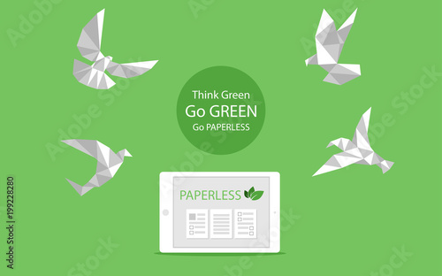 concept of white paper bird fly paperless go green, save the planet, earth, tree, leaf logo, documents, digital, big data, business device, tablet, polygonal, Abstract, low poly style flat vector.
