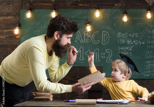 Photography Father, teacher reading book, teaching kid, son, chalkboard on background