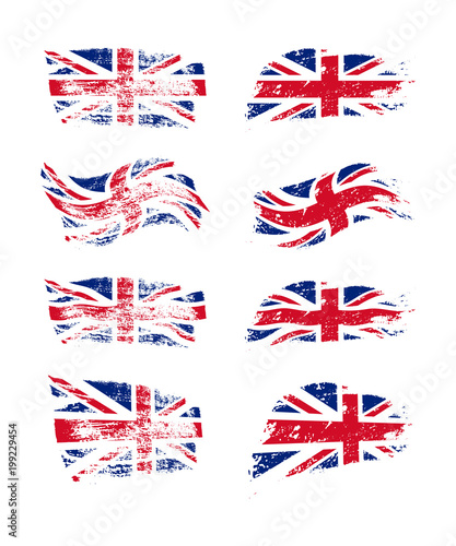 Vintage British flag set. Vector UK flags on grunge texture.
