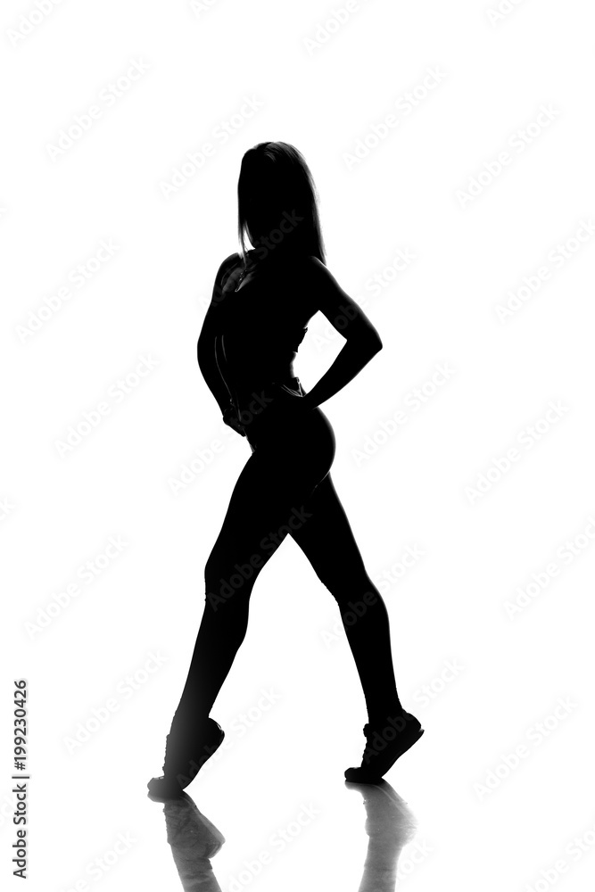 sport woman full length portrait, silhouette studio shot over white background