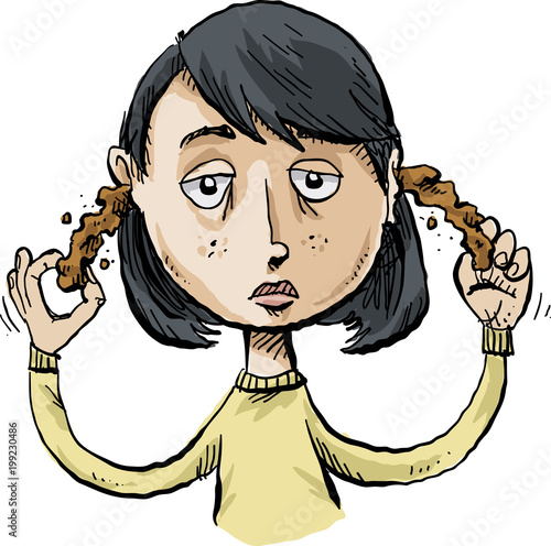 A cartoon woman pulls two large globs of sticky and greasy ear wax from her ears.