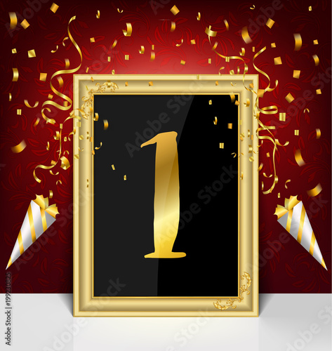 one in gold picture frame with  gold exploding party popper