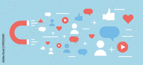 Online digital media magnet and influencer. Vector background illustration concept for popularity, likes, comments, followers.
