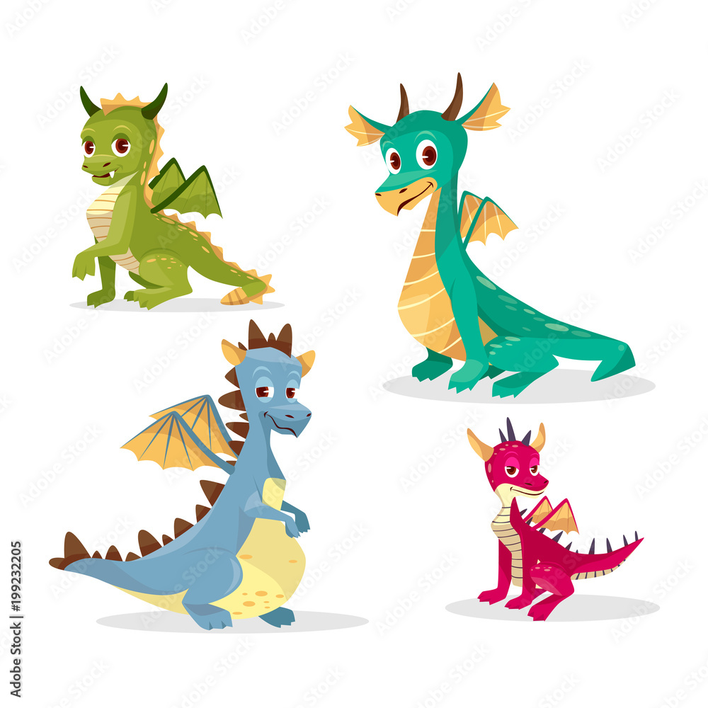 Fototapeta premium Cartoon dragons vector illustration for kid or children funny design. Flat isolated set of cute fairy monsters or colorful magic happy smiling baby dragons with wings, horns and pikes