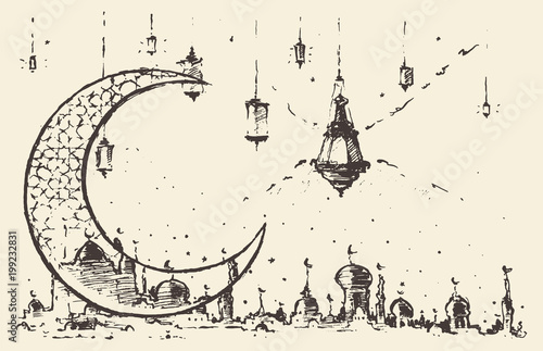 Ramadan celebration engraved illustration drawn