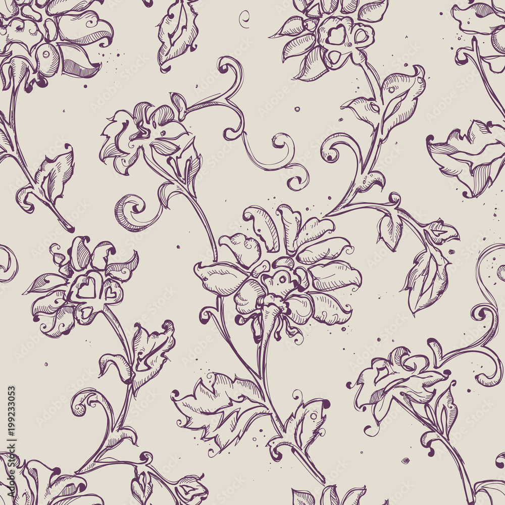 Obraz premium Sketchy drawing floral seamless pattern