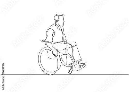 Continuous line drawing. Disabled man on wheelchair enjoy with moving. Vector illustration total editable, choose thickness and place of line photo