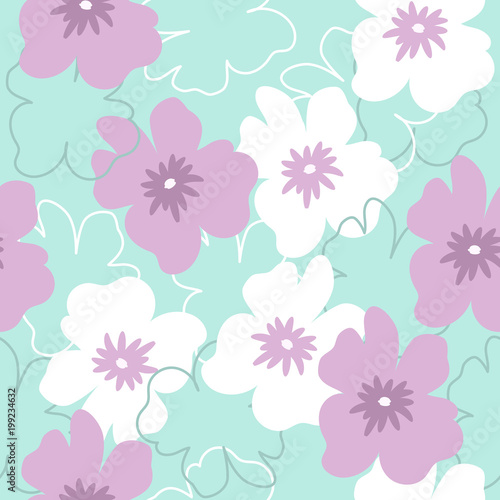Seamless pattern with white and purple flowers on a turquoise background. It can be used for packing of gifts, registration of notebooks, diaries, tiles fabrics backgrounds. Vector illustration.