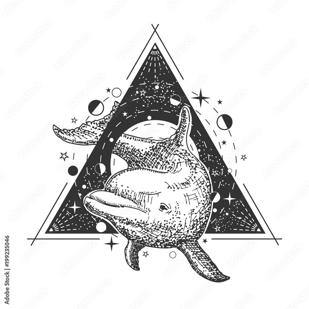 Fototapeta premium Vector creative geometric ocean dolphin tattoo art style design