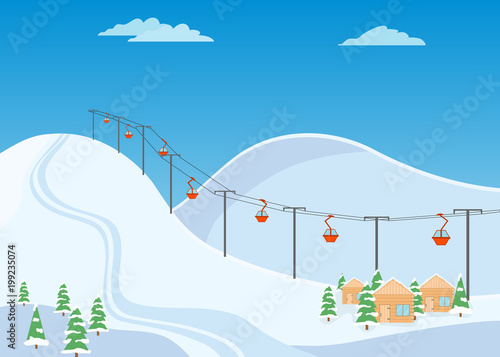 Mountain ski trail, ski resort with snow and wooden houses.