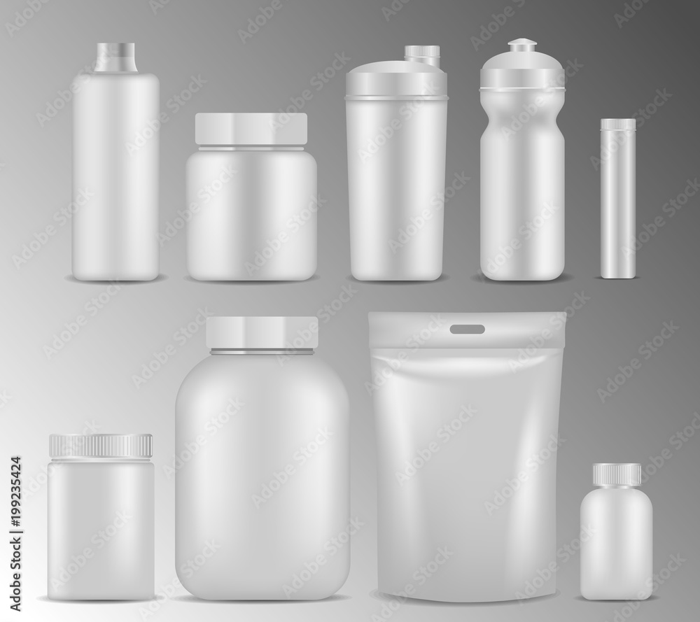 Vector sport nutrition white container realistic mockup set Vector sport nutrition white container realistic mockup set