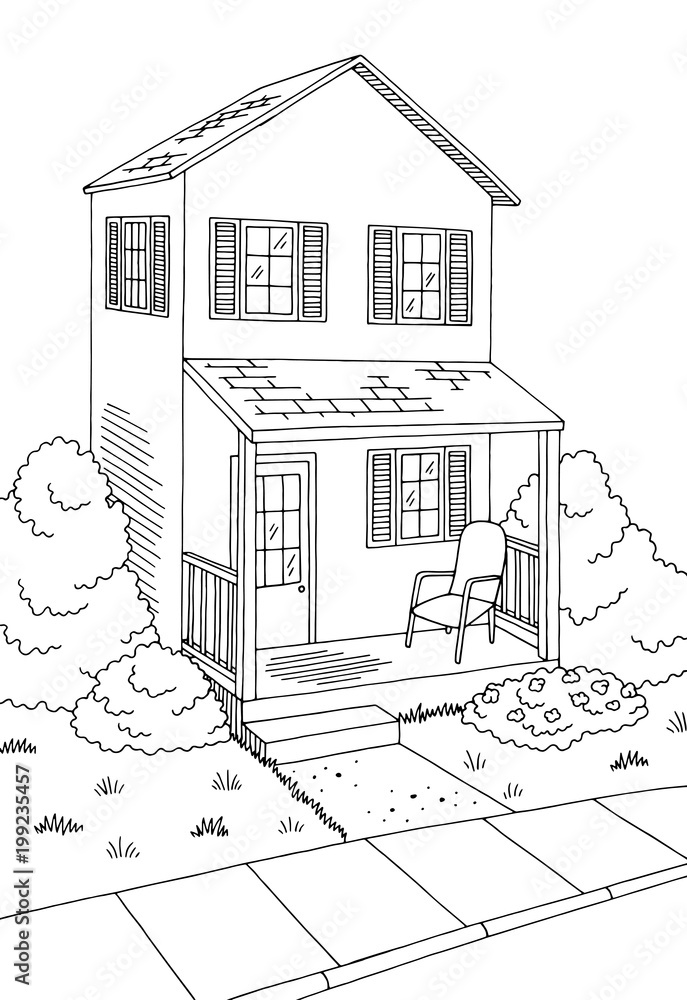 Obraz premium Street road graphic house black white landscape vertical sketch illustration vector