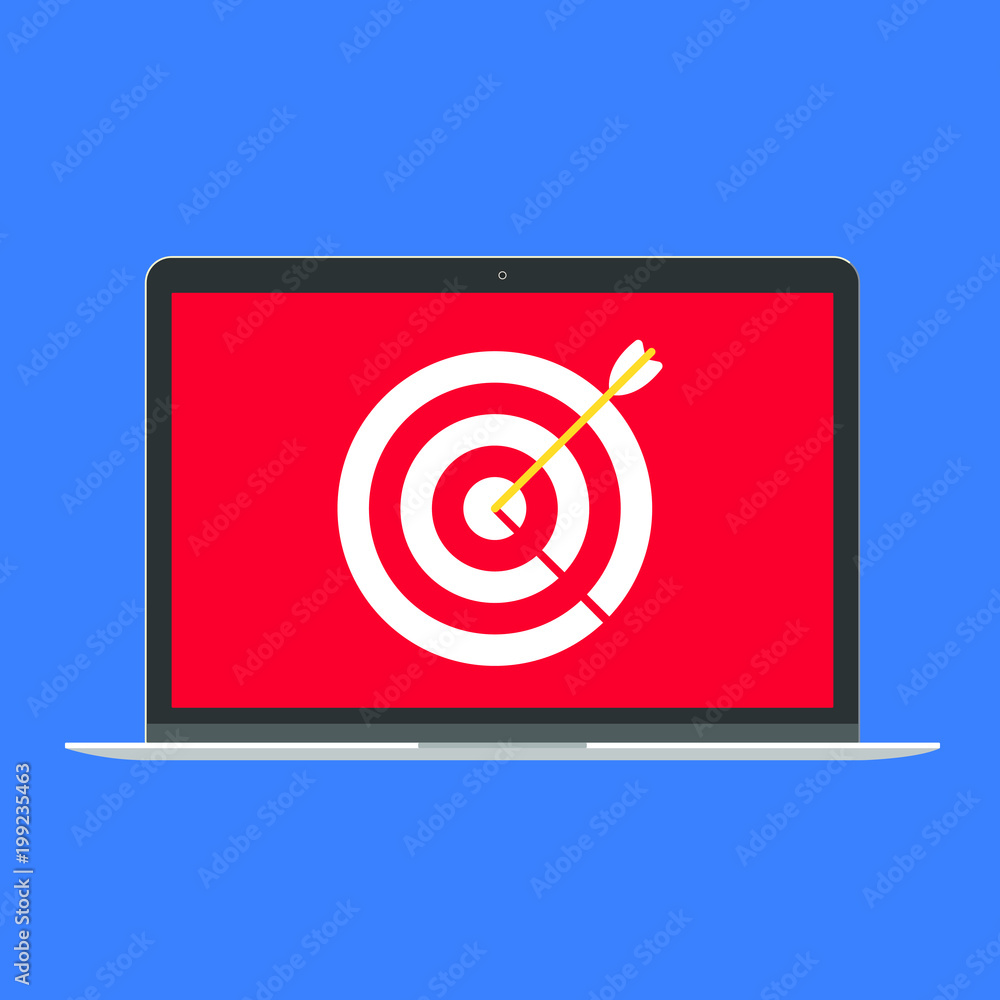 Modern device - laptop, computer or netbook pc flat design with target and arrow on the screen icon vector illustration. No keybord technology concept success on screen isolated on blue background. Modern device - laptop, computer or netbook pc flat design with target and arrow on the screen icon vector illustration. No keybord technology concept success on screen isolated on blue background.