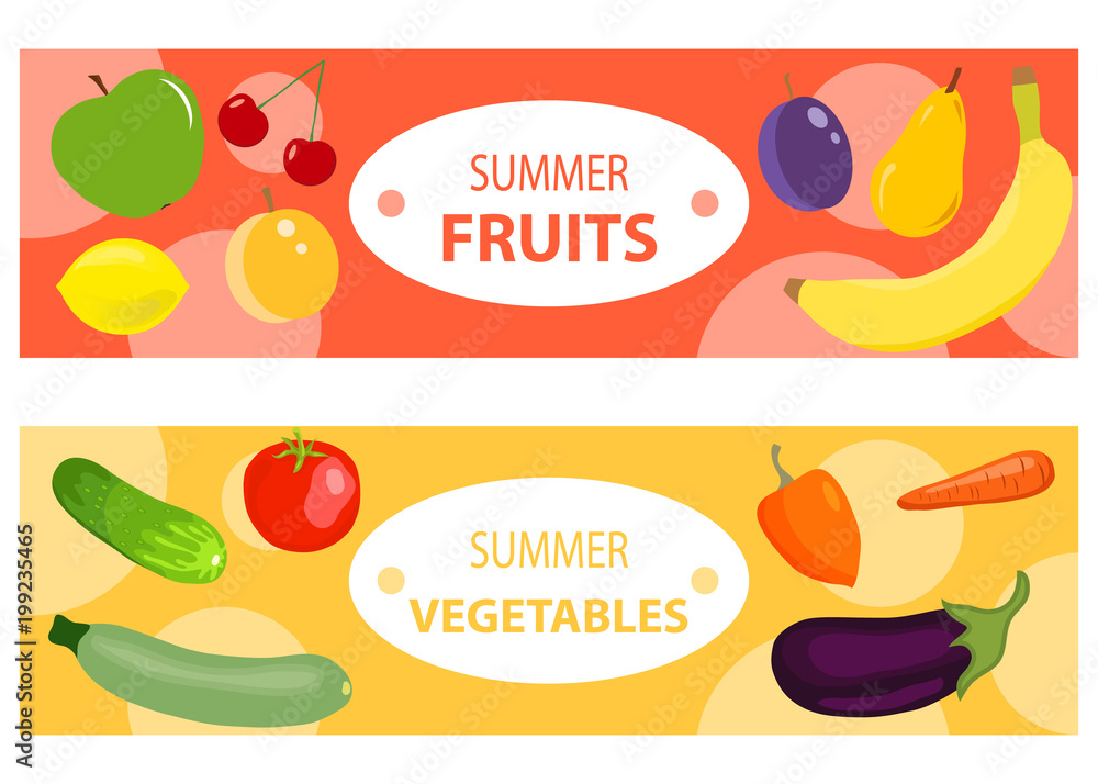 A set of two horizontal fruit and vegetable banners. Two horizontal banners with fruits and vegetables. A set of two horizontal fruit and vegetable banners. Two horizontal banners with fruits and vegetables.